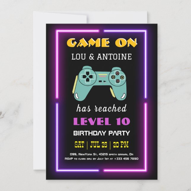 Invitación de cumpleaños de videojuegos Neon (Anverso)