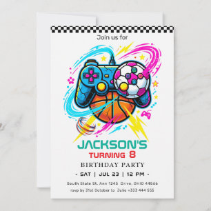 Invitación de cumpleaños de videojuegos y deportes