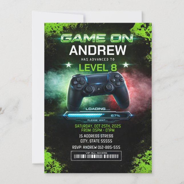 Invitación de cumpleaños de Videojugador personal  (Anverso)