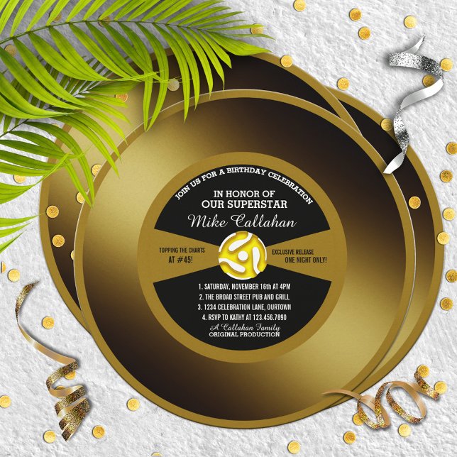 Invitación de cumpleaños de vinilo 45 disco de oro (Subido por el creador)