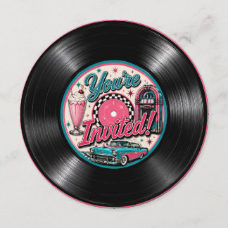 Invitación de cumpleaños de vinilo retro de los 50