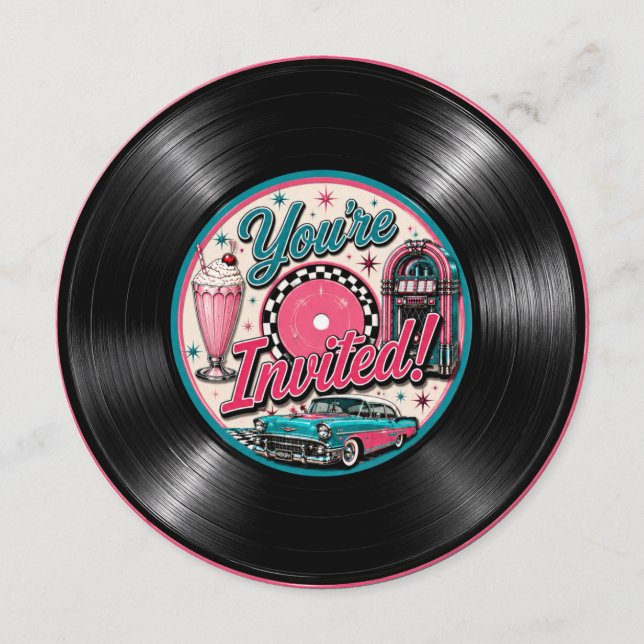 Invitación de cumpleaños de vinilo retro de los 50 (Anverso)