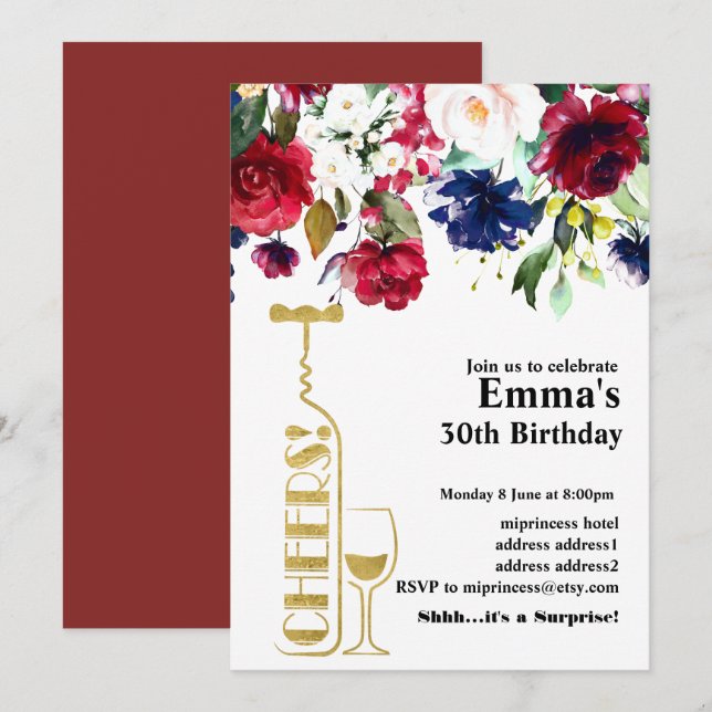 Invitación de cumpleaños de vino (Anverso / Reverso)