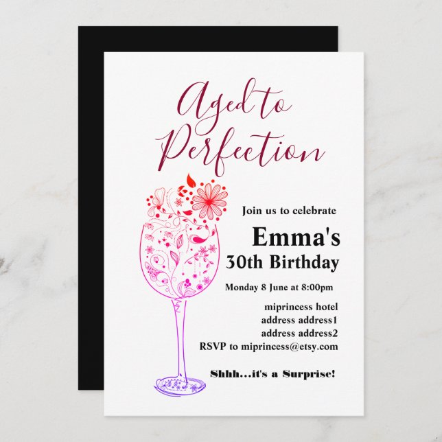 Invitación de cumpleaños de vino, Aged to Perfecti (Anverso / Reverso)