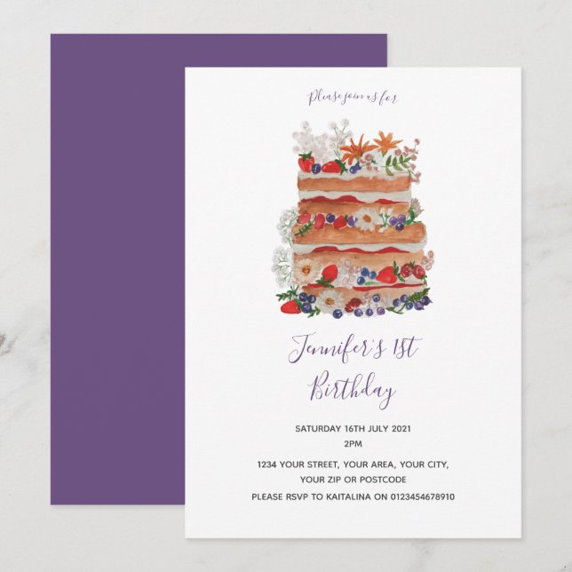 Invitación de cumpleaños de Vintage Cake (Anverso / Reverso)