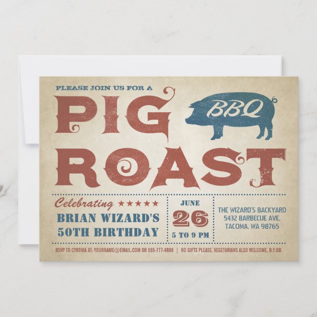 Invitación de cumpleaños de vintage Pig Roast BBQ (Anverso)