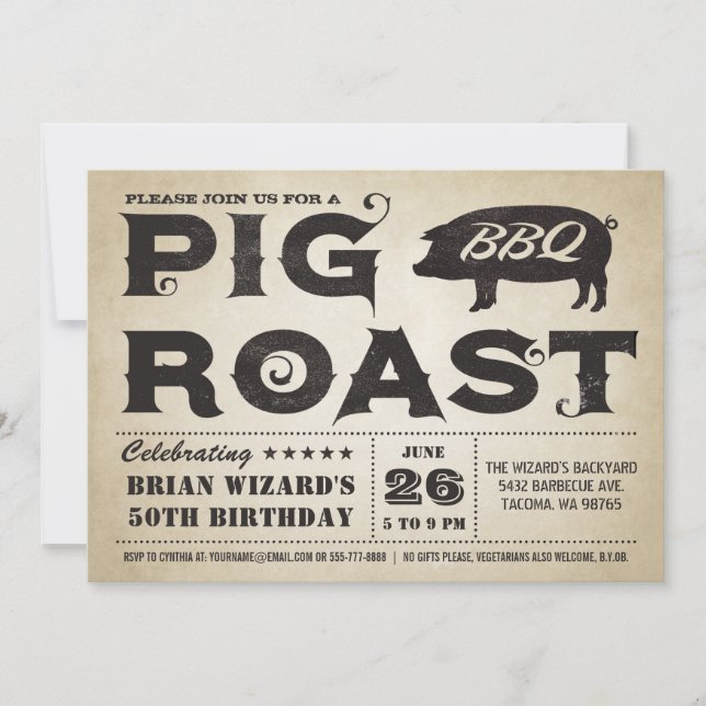 Invitación de cumpleaños de vintage Pig Roast BBQ (Anverso)