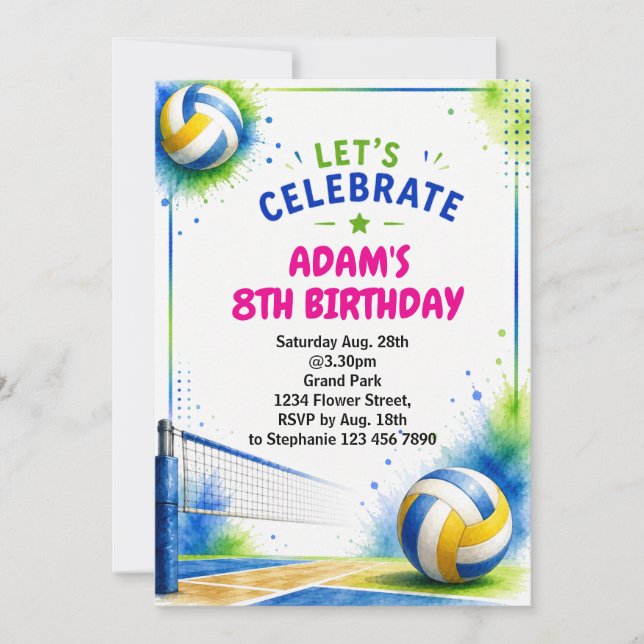 Invitación de cumpleaños de voleibol acuarela (Anverso)