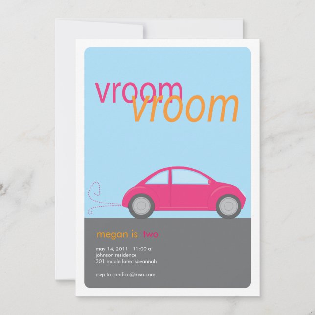 invitación de cumpleaños de vroom chica car (Anverso)