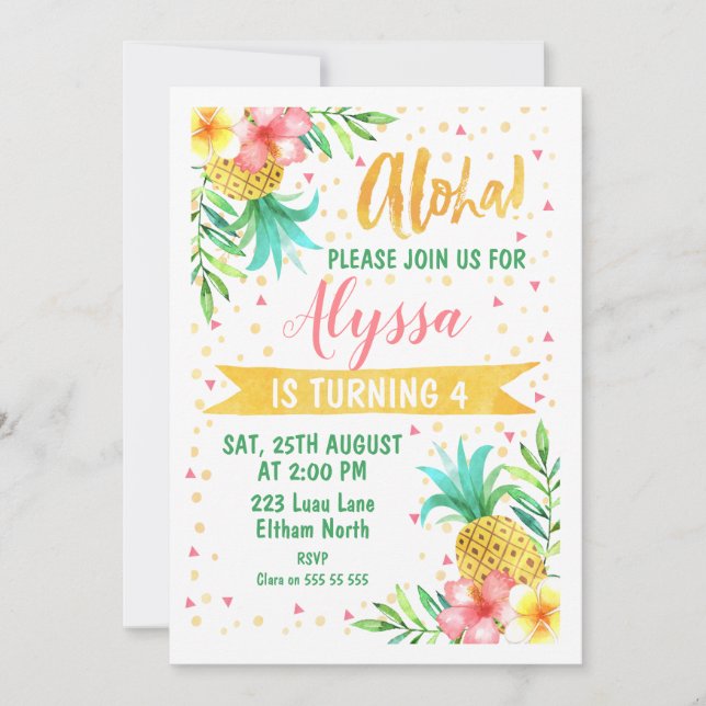 Invitación de cumpleaños de Watercolor Aloha Luau (Anverso)