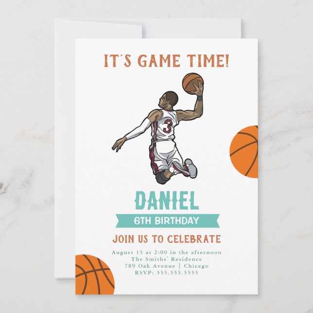 Invitación de cumpleaños de Watercolor Basketball (Anverso)