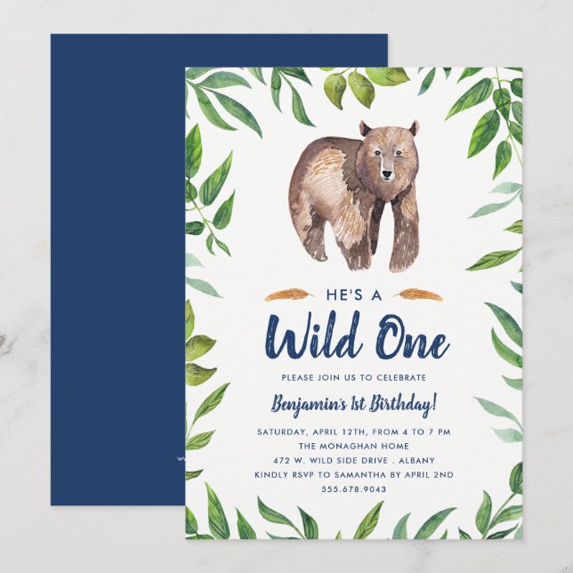Invitación de cumpleaños de Watercolor Bear Wild (Anverso / Reverso)