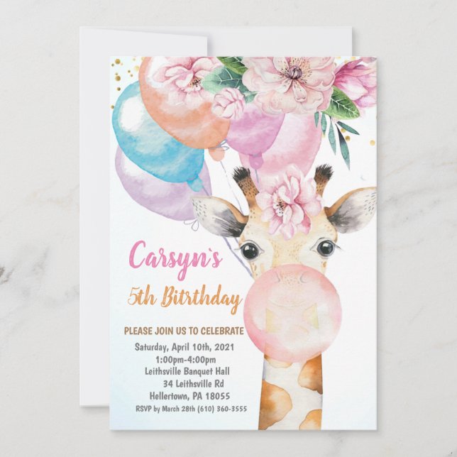 Invitación de cumpleaños de Watercolor Cute Giraff (Anverso)