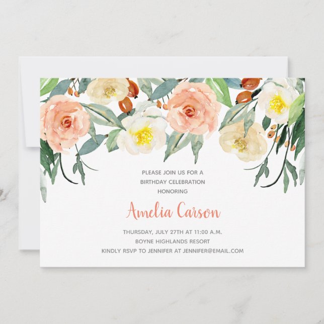 Invitación de cumpleaños de Watercolor Flora (Anverso)