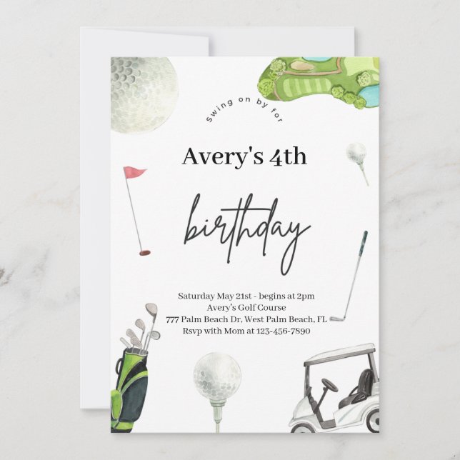 Invitación de cumpleaños de Watercolor Golf (Anverso)