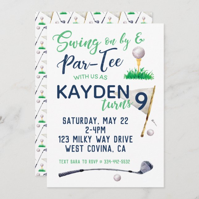 Invitación de cumpleaños de Watercolor Golf (Anverso / Reverso)