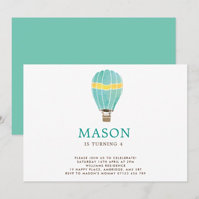 Invitación de cumpleaños de Watercolor Hot Air Bal (Anverso / Reverso)