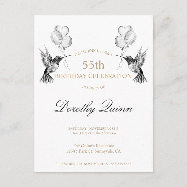 Invitación de cumpleaños de Watercolor Hummingbird (Anverso)