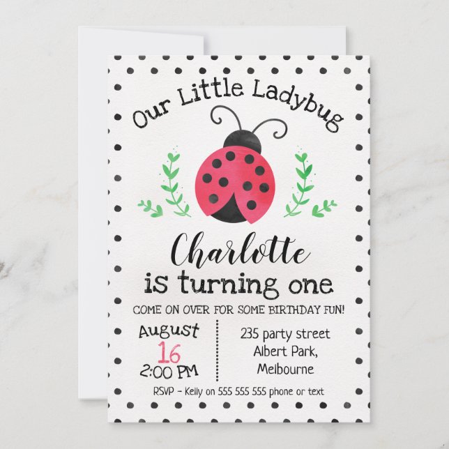 Invitación de cumpleaños de Watercolor Ladybug (Anverso)