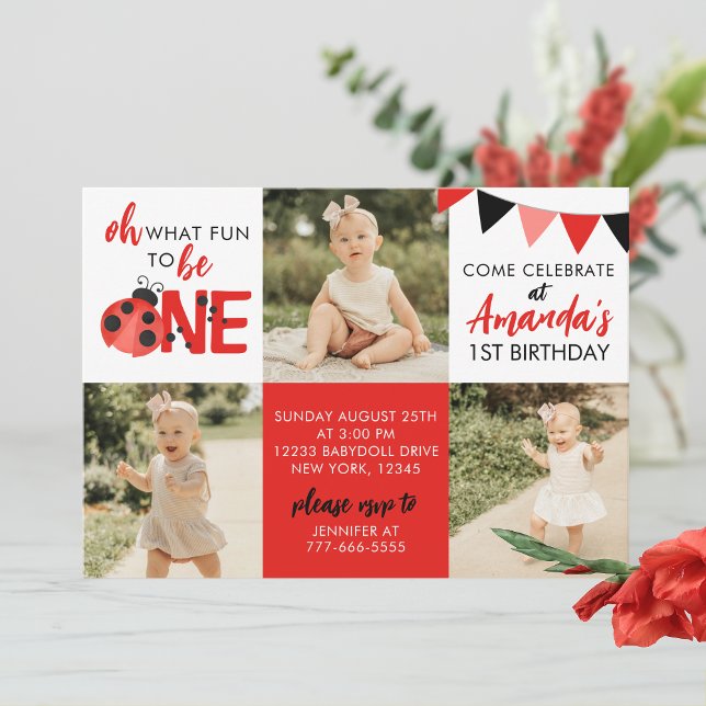 Invitación de cumpleaños de Watercolor Ladybug 3 (Oh What Fun to Be One Watercolor Ladybug 3 Photo Birthday Invitations)