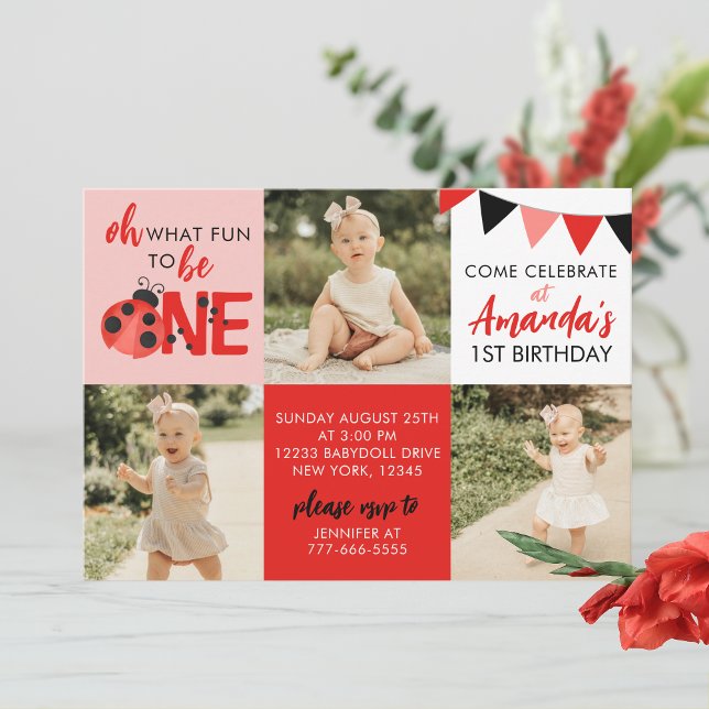 Invitación de cumpleaños de Watercolor Ladybug 3 (Light Pink Salmon Oh What Fun to Be One Watercolor Ladybug 3 Photo Birthday Invitations)