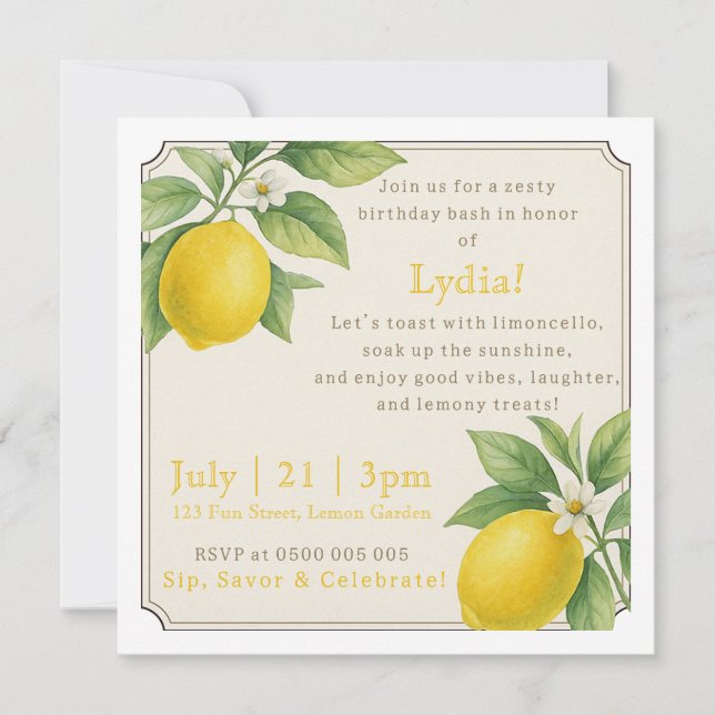 Invitación de cumpleaños de Watercolor Lemon (Anverso)