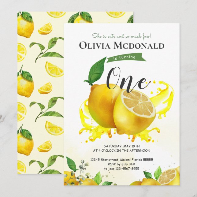 Invitación de cumpleaños de Watercolor Lemon (Anverso / Reverso)