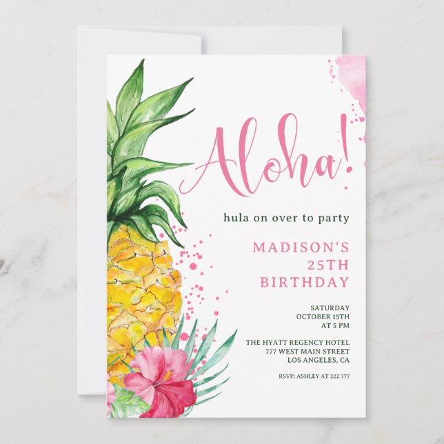 Invitación de cumpleaños de Watercolor Pineapple A (Anverso)