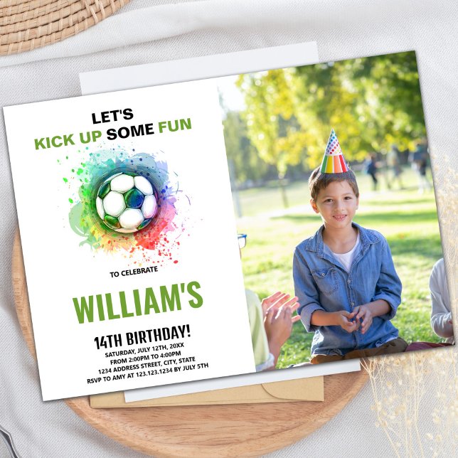 Invitación de cumpleaños de Watercolor Soccer con  (Watercolor Soccer Birthday Invitations with photo)
