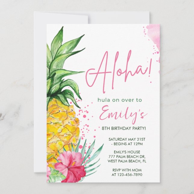 Invitación de cumpleaños de Watercolor Tropical Hu (Anverso)