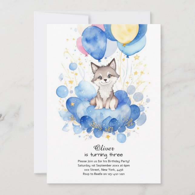 Invitación de cumpleaños de Watercolor Wolf Pup (Anverso)