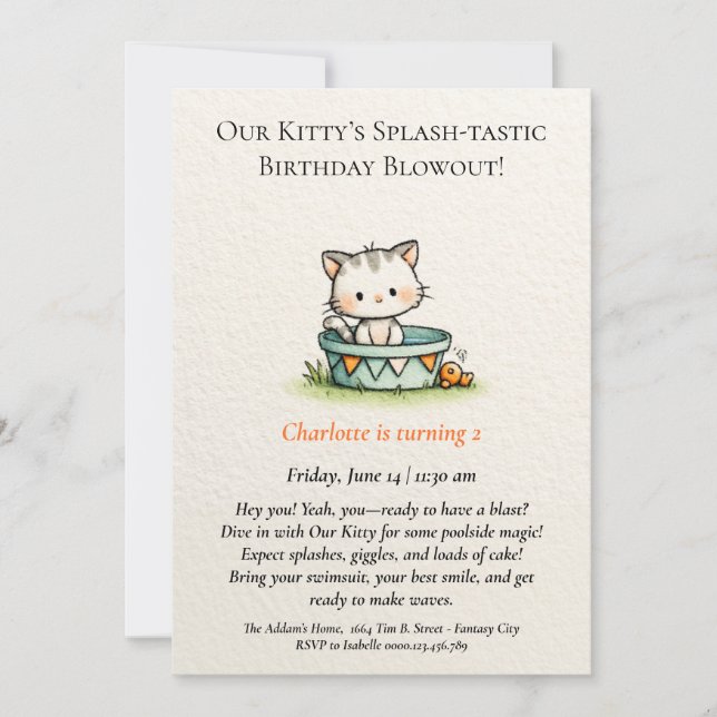 Invitación de cumpleaños de Whimsical Baby Kitty (Anverso)