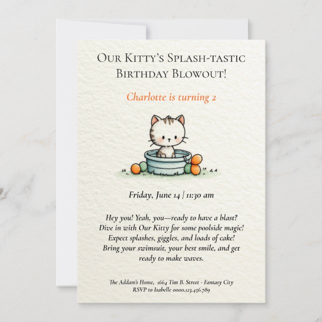 Invitación de cumpleaños de Whimsical Baby Kitty (Anverso)