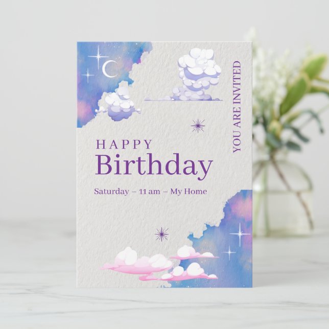 Invitación de cumpleaños de Whimsical Cloud & Gala (Anverso de pie)