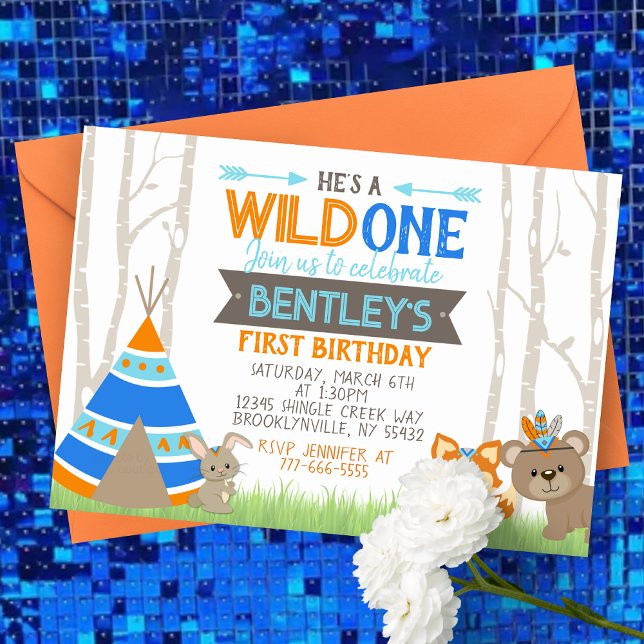Invitación de cumpleaños de Wild One Blue Teepee W (Wild One First Birthday Invitations. Featuring a Tribal Teepee Tent, Forest Fox and Woodland Bear)