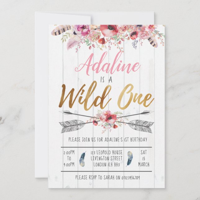 Invitación de cumpleaños de Wild One Boho Chicas (Anverso)