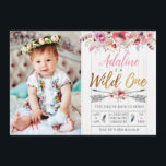Invitación de cumpleaños de Wild One Boho Chicas<br><div class="desc">Wild One Boho Chicas de cumpleaños foto de primer cumpleaños,  oro falso de Relieve metalizado y elementos tribales con flores acuarelas.</div>