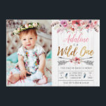 Invitación de cumpleaños de Wild One Boho Chicas<br><div class="desc">Wild One Boho Chicas de cumpleaños foto de primer cumpleaños,  oro falso de Relieve metalizado y elementos tribales con flores acuarelas.</div>