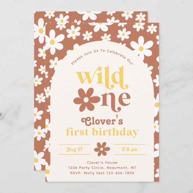 Invitación de cumpleaños de Wild One Daisy | Prime (Anverso / Reverso)