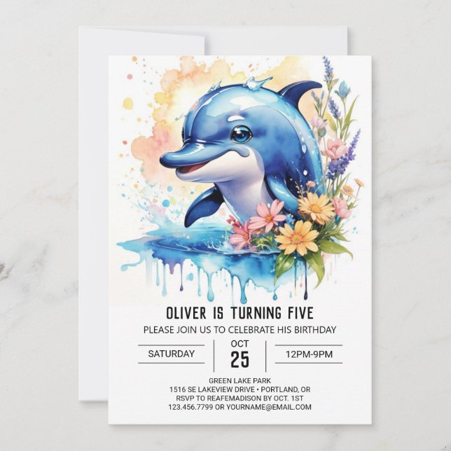 Invitación de cumpleaños de Wildflowers Sea Dolphi (Anverso)