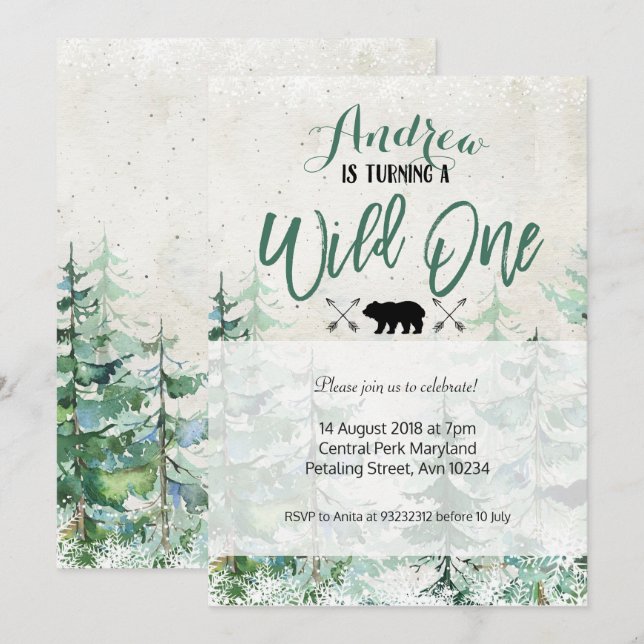 Invitación de cumpleaños de Winter Forest Wild (Anverso / Reverso)