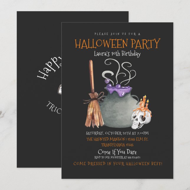 Invitación de cumpleaños de Witch Halloween (Anverso / Reverso)