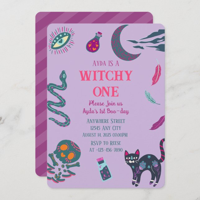 Invitación de cumpleaños de Witchy One Halloween (Anverso / Reverso)