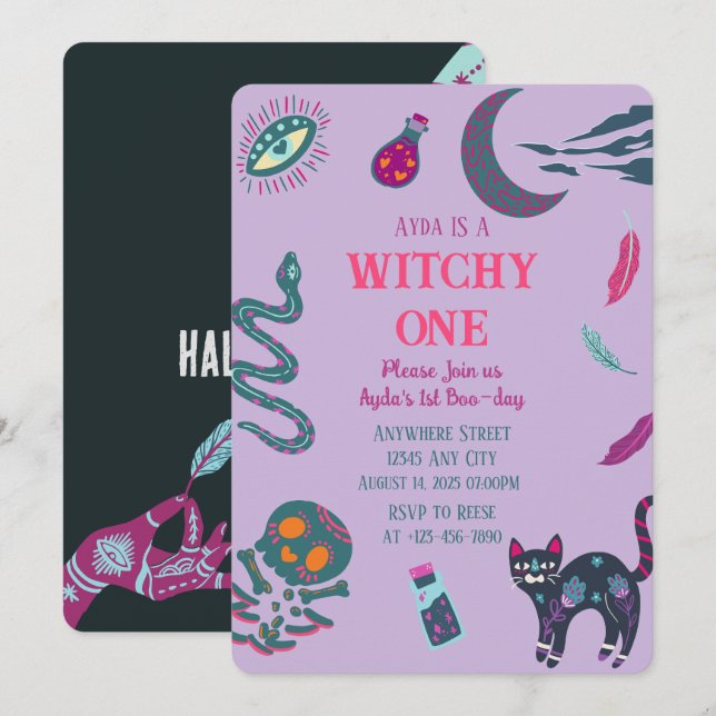 Invitación de cumpleaños de Witchy One Halloween (Anverso / Reverso)