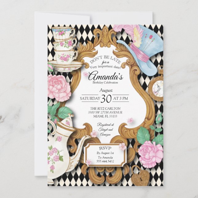 Invitación de cumpleaños de Wonderland Tea Fiesta (Anverso)