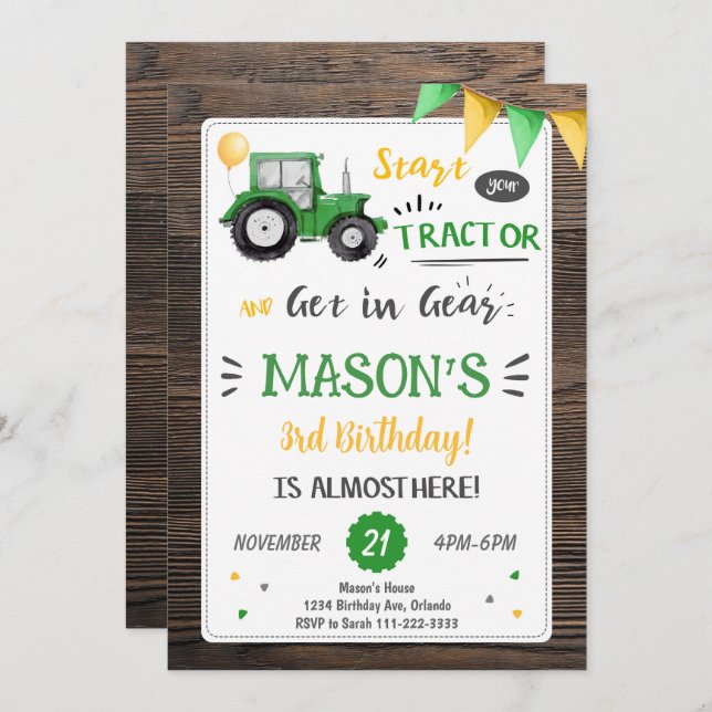 Invitación de cumpleaños de Wooden Tractor (Anverso / Reverso)