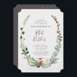 Invitación de cumpleaños de Woodland Cualquier hit<br><div class="desc">Hermosa invitación inspirada en los bosques, con un marco formado por pinos, bayas, hiedra, conos de pino y vegetación arbolada. Las delicadas bromas pintadas a mano rodean tu texto anunciando tu gran celebración de cumpleaños. Un diseño sencillo en hermosos verdes y marrones con un lado inverso de marrón con blanco....</div>