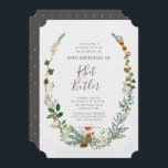 Invitación de cumpleaños de Woodland Cualquier hit<br><div class="desc">Hermosa invitación inspirada en los bosques, con un marco formado por pinos, bayas, hiedra, conos de pino y vegetación arbolada. Las delicadas bromas pintadas a mano rodean tu texto anunciando tu gran celebración de cumpleaños. Un diseño sencillo en hermosos verdes y marrones con un lado inverso de marrón con blanco....</div>
