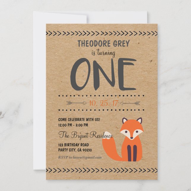 Invitación de cumpleaños de Woodland Fox Chevron B (Anverso)