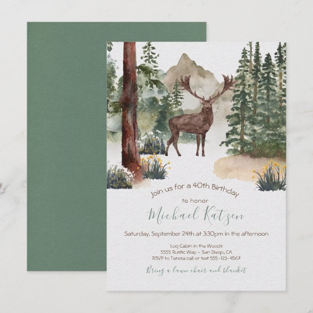 Invitación de cumpleaños de Woodland Watercolor Fo (Anverso / Reverso)